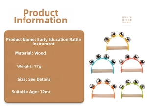 Detail view of colorful Montessori crescent wooden hand bell rattle for baby early education