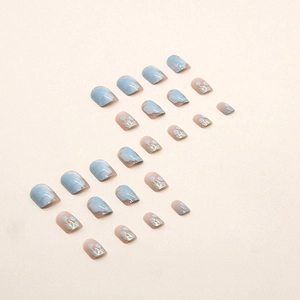 Short square press-on nails set with blue oil painting tulip designs and nude tones