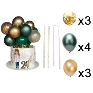Detail view of gold sequin balloons and personalized Marcela 24 cake topper set