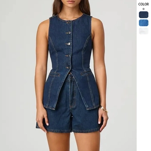 Completo Denim Donna Gilet E Pantaloncini Senza Maniche Monopetto Vita Alta Streetwear Estate
