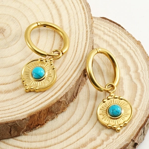 Bohemian gold stainless steel hoop earrings with turquoise stone and sunburst pattern detail