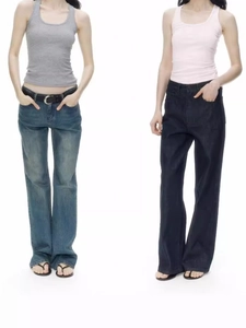 Women's vintage light blue flared jeans and dark blue high-waist straight denim pants
