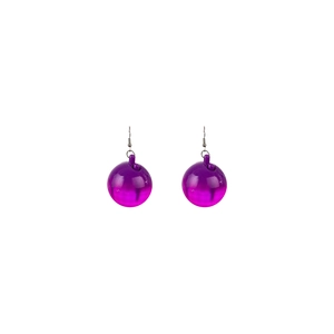 Close-up of purple translucent disco ball earrings with polished silver hooks