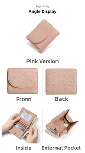 Portefeuille rose en cuir grainé avec compartiments intérieurs et porte-monnaie