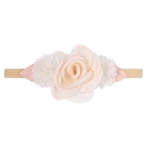 Detail of cream mesh rose and pink leaf ornaments on a soft nude nylon baby headband