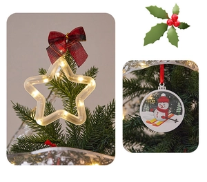 Detail of Christmas tree decorations with LED star and snowman ornaments on green branch