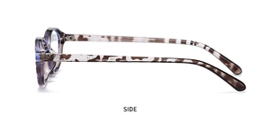 Side view of trendy tortoiseshell oval sunglasses with transparent brown spotted frames