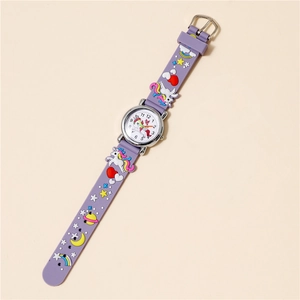 Cute purple unicorn kids quartz watch with 3D cartoon silicone strap and white dial