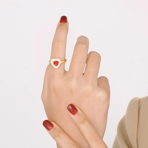 Minimalist 18k gold plated ring with a red heart gemstone and micro-pave diamonds