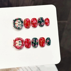 Press On Nails Vintage Red Green Rose Floral Design Festive Cartoon 3D Cat Charms Handcrafted Artificial Finger Nails For Women
