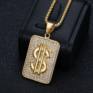 Hip hop dollar sign pendant necklace in gold finish with sparkling rhinestones