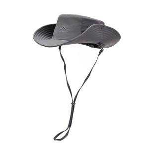 Dark grey outdoor sun hat with wide brim, chin strap, and mountain embroidery detail