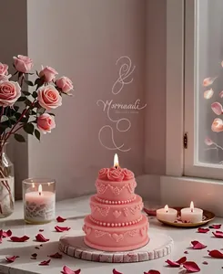 Detailed view of pink rose cake candle with intricate lace and heart relief patterns