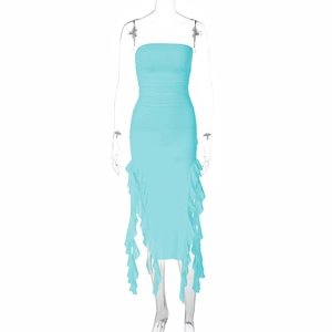 Detail of light blue bodycon dress with ruffled edges and asymmetric hemline