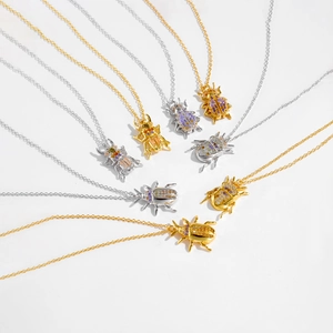 S925 sterling silver beetle pendant necklaces with colorful zircon stones in gold and silver