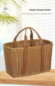 Close-up of hand-woven rectangular storage basket featuring durable brown ribbon handles