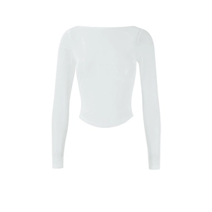 Detail of white mesh off-shoulder top with corset-style structure and curved hem