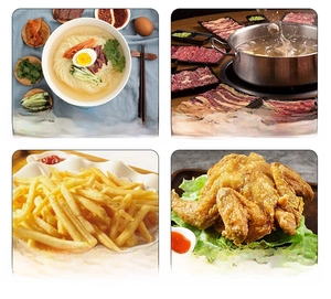 Versatile stainless steel mesh skimmer shown frying chips and boiling noodles in the kitchen