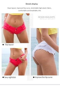 Dettaglio degli short a vita bassa rosa e bianchi con effetto push-up modellante