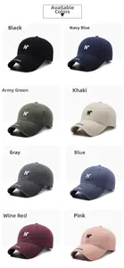 Collage of embroidered baseball caps in eight vintage colors including navy and khaki