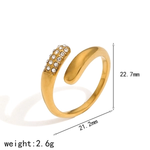 Gold snake-style open ring in stainless steel with cubic zirconia stones and measurements