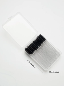 Detailed size view of 50 disposable eyelash brushes in a clear plastic storage box