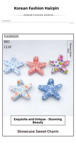 Detail view of five large PVC starfish hair clips with diverse sweet patterns and prints