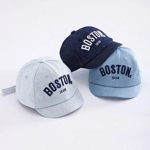 Baby Kids Denim Baseball Cap Retro Boston Letter Embroidery Short Brim Sun Hat Adjustable For Toddler Infant