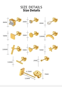 Detailed size chart for 11 pieces gold earring set with dimensions in millimeters