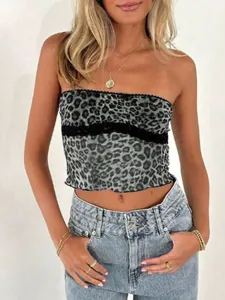 Detail of leopard print crop top with delicate black lace trim and slim fit design