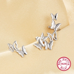 925 Sterling Silver Asymmetrical Butterfly Stud Earrings Fashion Polished Butterfly Ear Crawler Set For Women Elegant Jewelry