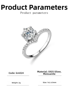 Detail view of 1 carat moissanite ring with S925 sterling silver 6-prong V-shape setting
