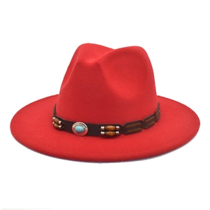 Classic red wool felt fedora hat with bohemian faux turquoise leather belt band