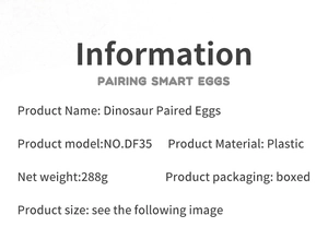 Specifications for Dinosaur Paired Eggs showing material, weight and model details