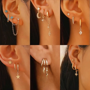 Asymmetric Star Moon Earring Hoop Stud Rhinestone Copper Jewelry Women Fashion Minimalist Celestial Accessories Gift