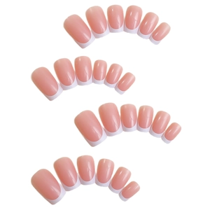 Classic French tip press-on nails in nude pink and white color, 24 pieces set pack