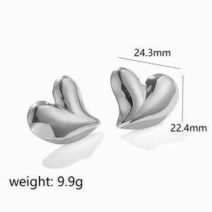 Irregular heart shaped stainless steel stud earrings in silver with 24.3mm size specs