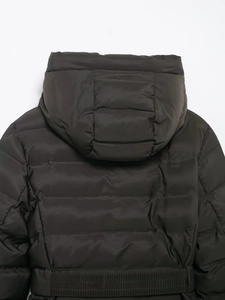 Detail of hooded thick jacket with horizontal quilting and elastic waist back design