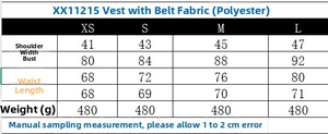 Size chart detail showing measurements for women's V-neck sleeveless vest with waist belt