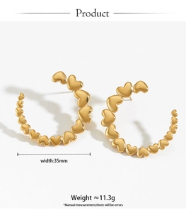Detail view of 35mm gold-plated heart-shaped C-style earrings with dimension labels