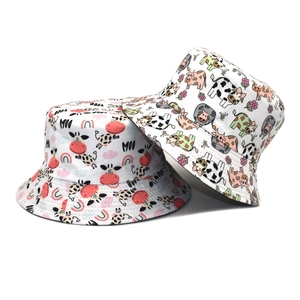 Reversible Bucket Hat Cartoon Cow Print Cotton Sun Protection Summer Outdoor Travel Fisherman Cap For Women Men Novelty