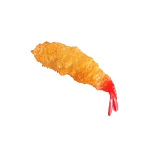 Realistic tempura shrimp food model with golden crispy texture and red tail on white background