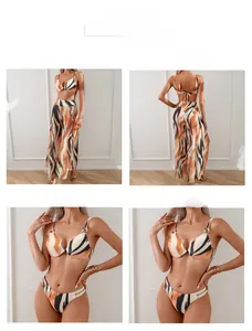 Three-piece bikini set with tiger print top, bottoms, and wide-leg trousers in orange and black