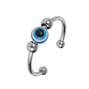Adjustable silver evil eye anxiety ring with rotating blue bead for stress relief