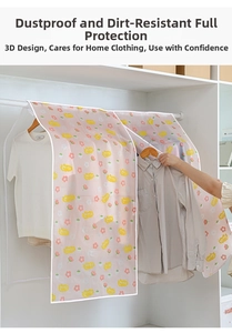 Close-up of a hanging garment cover with pink floral print on a wardrobe rail