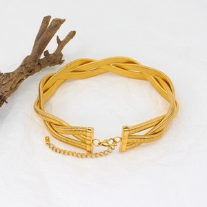 Three-layer braided gold snake chain choker necklace with adjustable lobster clasp