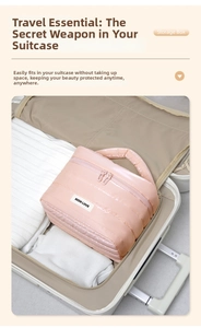 Dettaglio della borsa da trucco in nylon trapuntato rosa in una valigia da viaggio