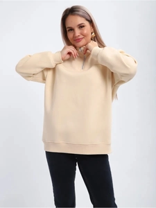 Women's beige half-zip sweatshirt in warm fleece cotton blend for autumn winter sports