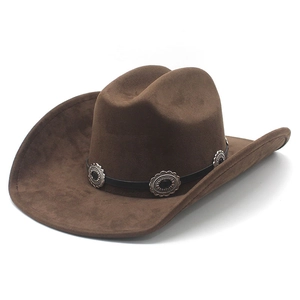 Detail of dark brown faux suede cowboy hat featuring vintage silver metal conchos on band