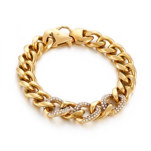 Men Hip Hop Cuban Link Bracelet Stainless Steel With Sparkling Rhinestones Streetwear Fashion Jewelry